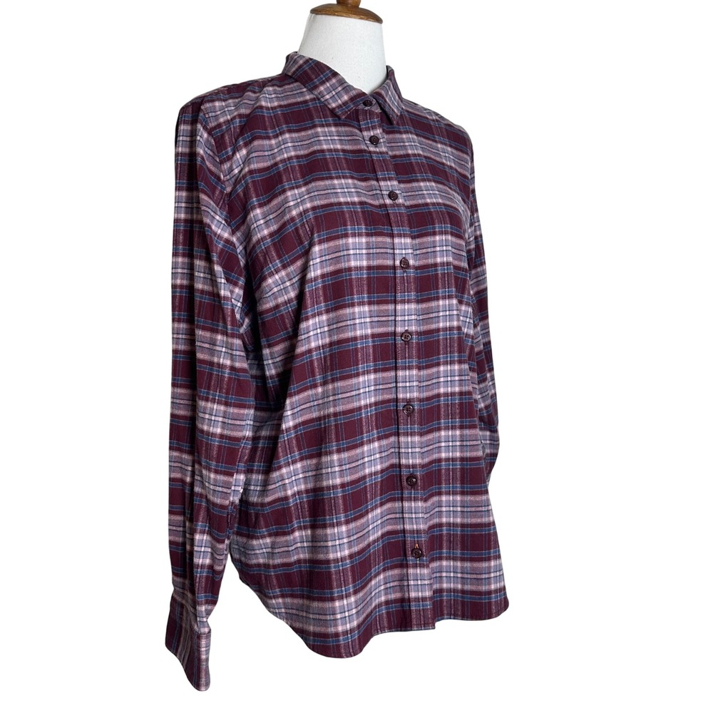 Orvis Burgundy Plaid Flannel Button Down Shirt Stretch Womens XL 2XN8 47982